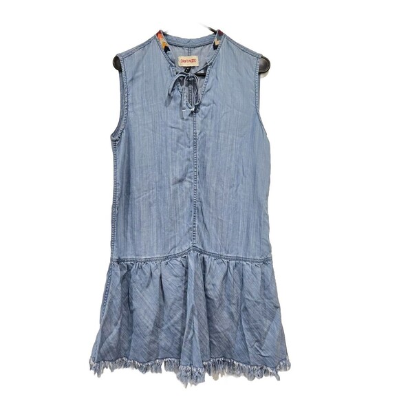DRIFTWOOD SHAYE DENIM DITZY GARDEN TENCEL DRESS BOHO RAW HEM COTTAGE Size S - Picture 1 of 6
